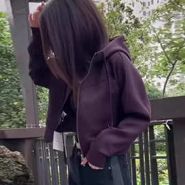2025春秋季新款女士复古开衫短款连帽卫衣外套感百搭长袖上衣