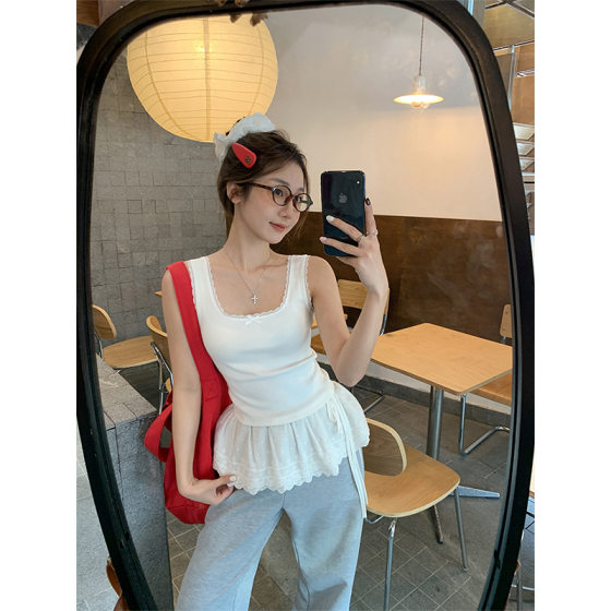 Pure Desire Style White Lace Seaside Wear Camisole Women's Spring and Summer Bow Slim Fit Inner Spice Top