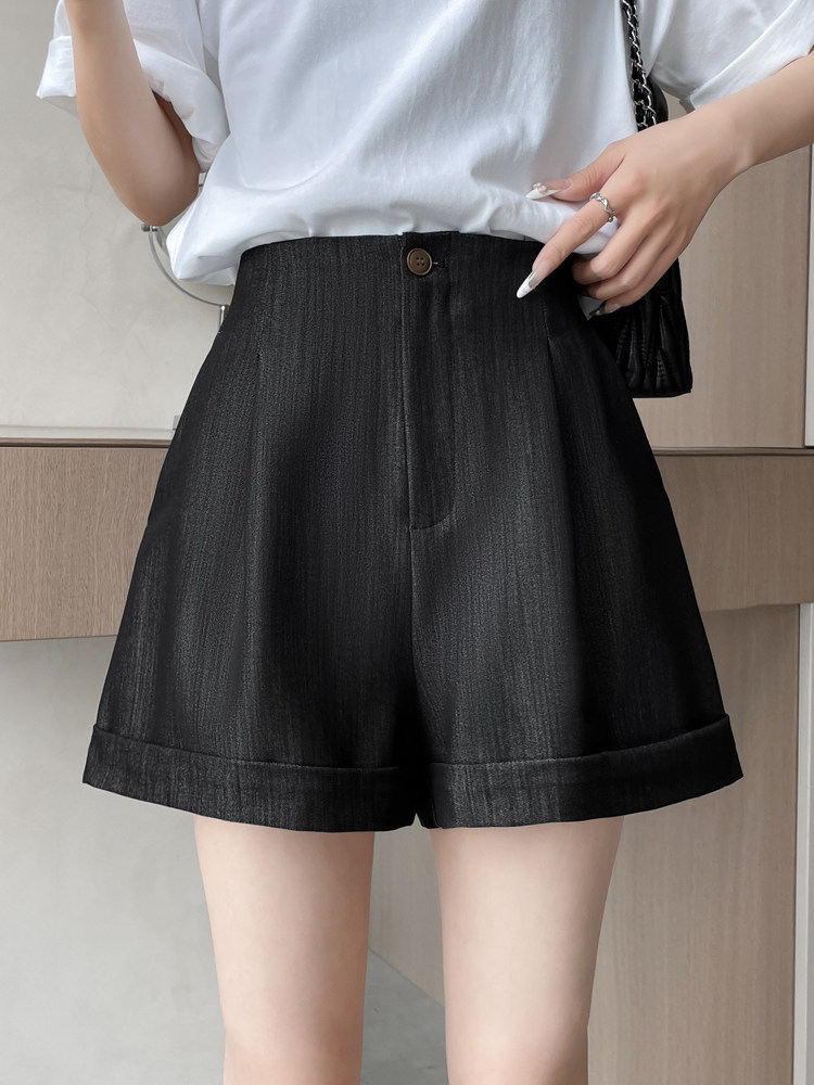 Quần short jean nữ lưng cao ống rộng gấu cuộn — màu đen