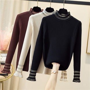 Fashion plus size long-sleeved shirt 2023 Winter new chubby girl age-reducing wooden ear half turtleneck lace bottoming shirt 6860
