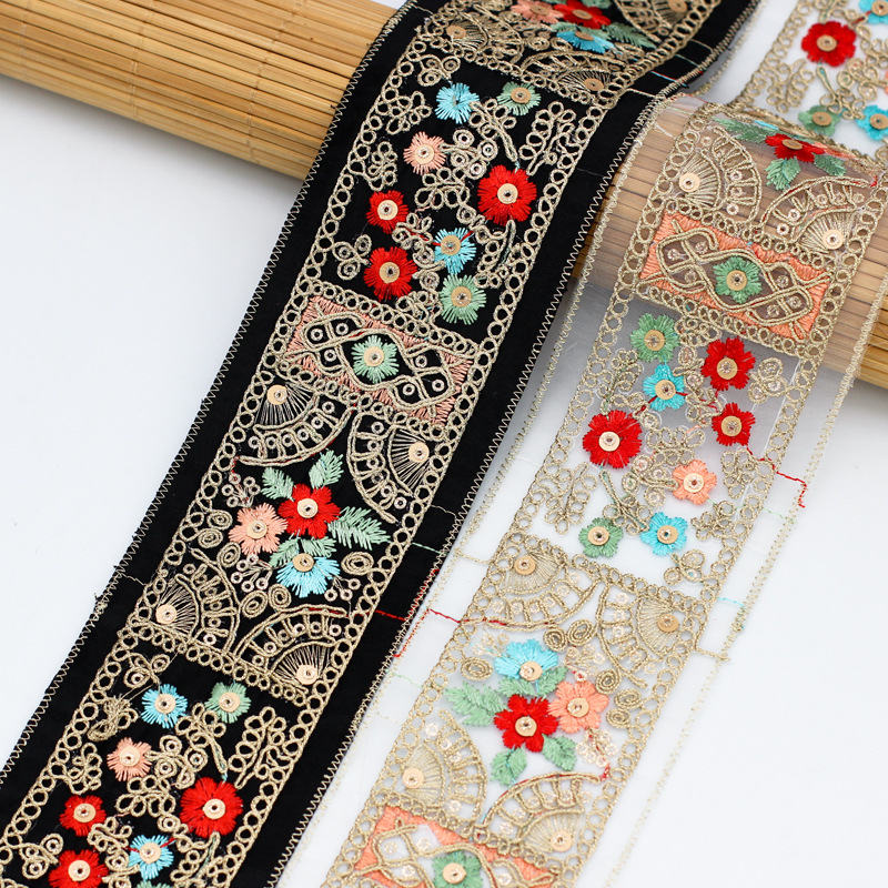 Nueva organza multicolor lentejuelas bordado de encaje de la industria pesada estilo étnico accesorios de ropa 7cm de ancho accesorios cinta