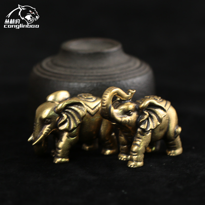 Cobre sólido cobre elefante adornos cobre pequeño tamaño suerte elefante mango piezas bronce antiguo talla fortuna elefante par al por mayor