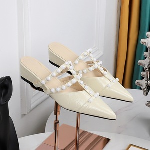599-10 Korean version shallow mouth hollowed out wedge heel women's shoes white rivet fashion half drag pointed toe