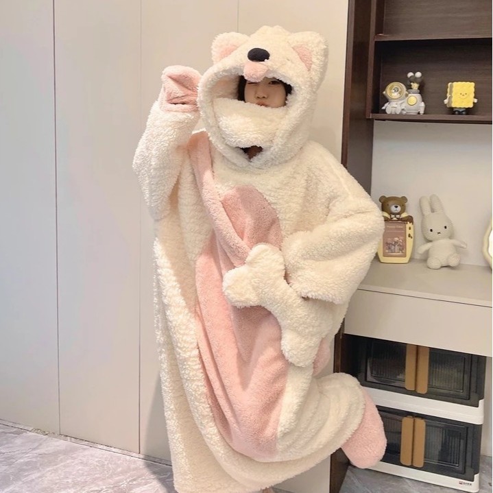 可爱卡通搞怪小狗珊瑚绒睡衣女秋冬季睡袍新款加绒加厚家居服套装|undefined