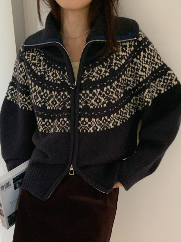 费尔岛提花拉链针织女开衫2025韩版秋冬新款短款毛衣圣诞复古外套|undefined