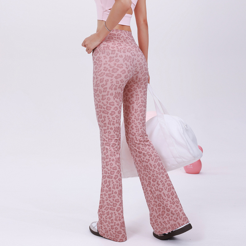 Run Kaka Pink Leopard Print Sports Flared Pants for Women, Butt-Lifting, Tummy Control, Mid-Waist Yoga Slimming Flared Fitness Pants