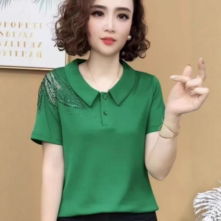 Middle-Aged Mom Summer Short-Sleeve T-Shirt New Fashion Trendy Age-Reducing Shoulder Rhinestone Top Loose Base Layer