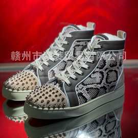 cl andgz灰白蛇纹鞋头铆钉高帮红底鞋男鞋情侣运动休闲板鞋女鞋潮