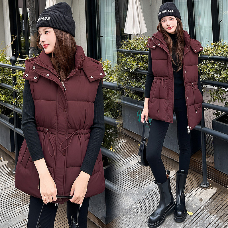 2025 otoño y invierno nuevo chaleco de algodón mujer cintura larga collar negro hombro red chaleco de abrazadera roja chaleco image 4