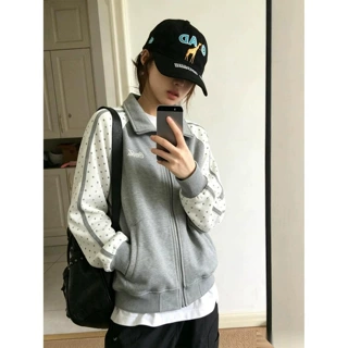 秋冬季女士薄款加绒卫衣外套翻领波点拼色插肩袖拉链休闲夹克现货