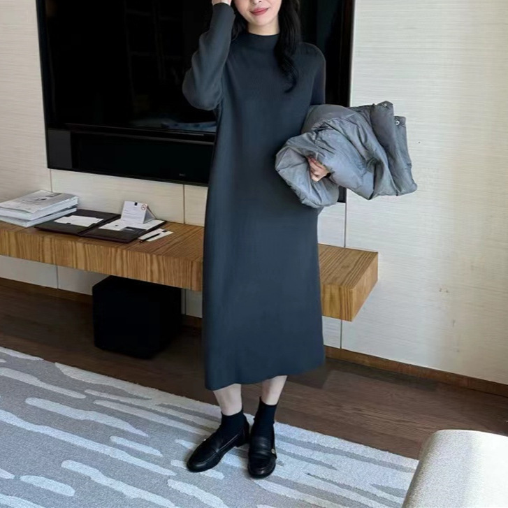 韩系中长款高领宽松针织针连衣裙女2025秋冬款纯色简约内搭打底裙|undefined
