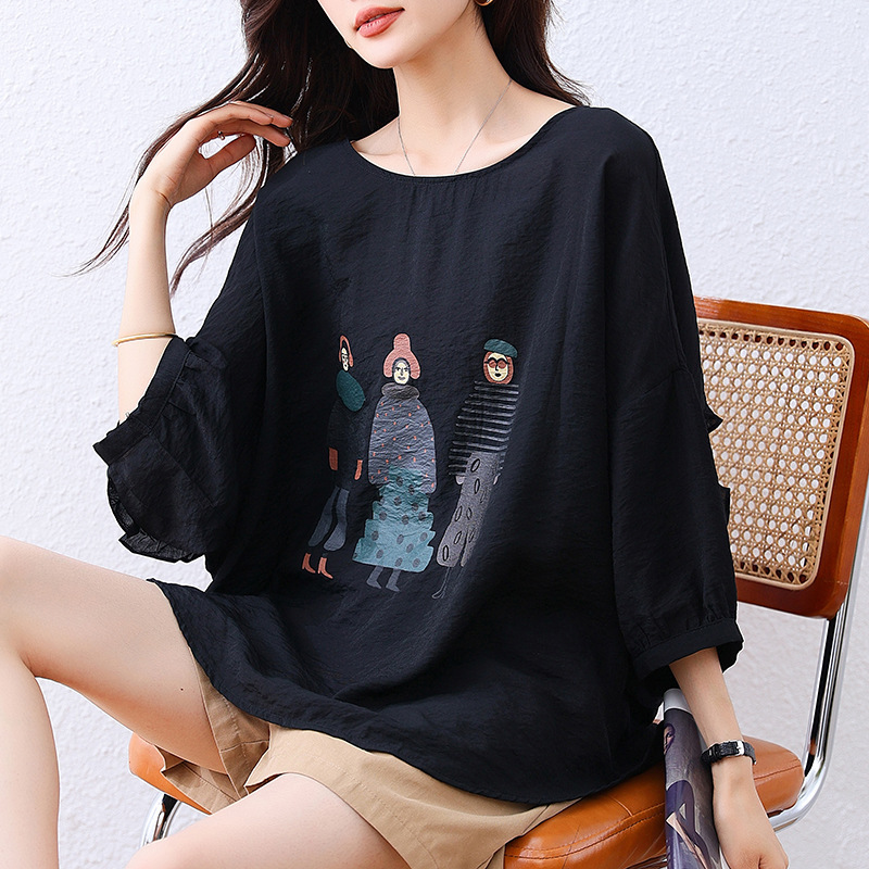 Summer New Fashion Patterned Lace Back Casual Loose Fit Round Neck T-Shirt Top