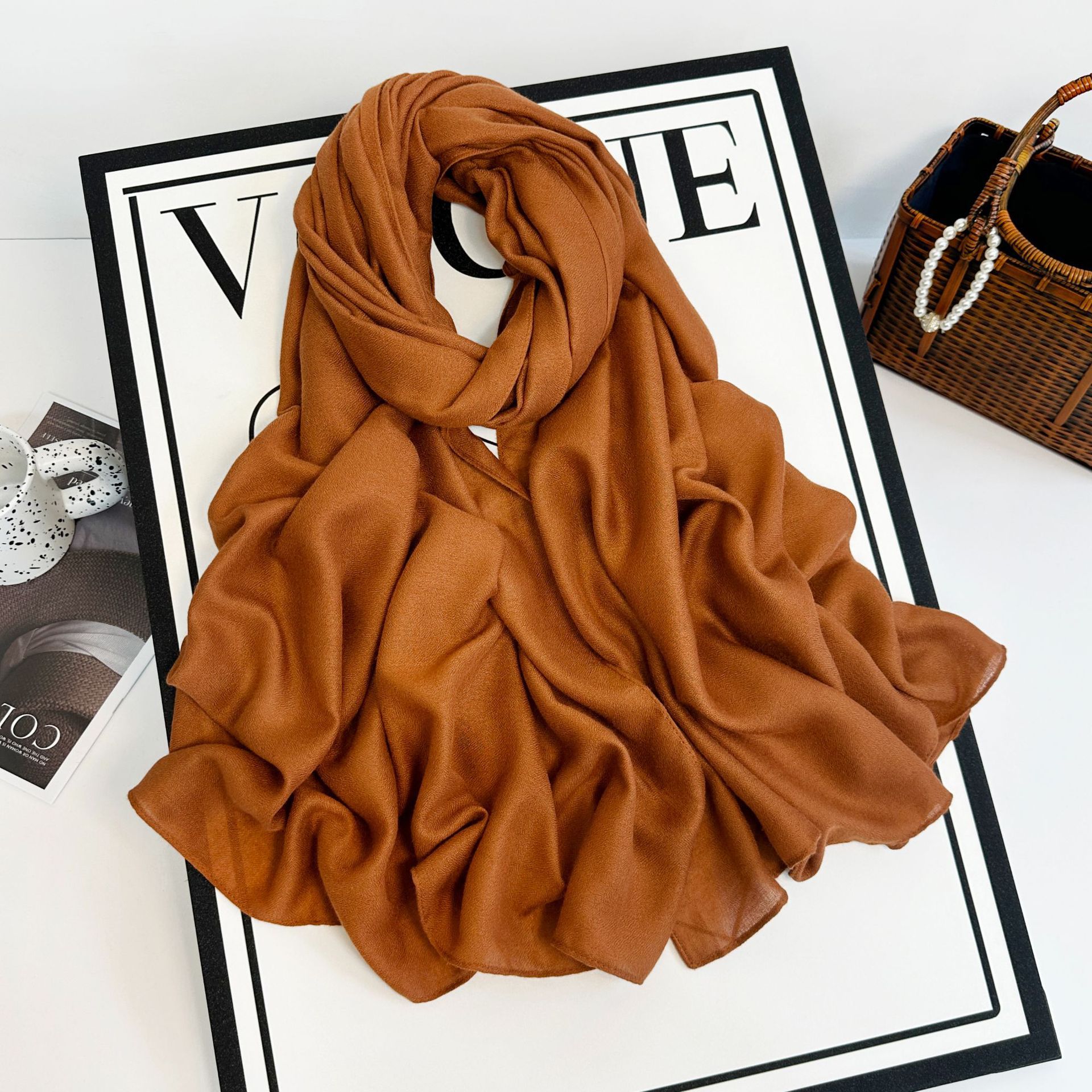 Sciarpa lunga da donna in cotone e canapa 2023 autunno/inverno tinta unita monocromatica multicolore_voghion.com