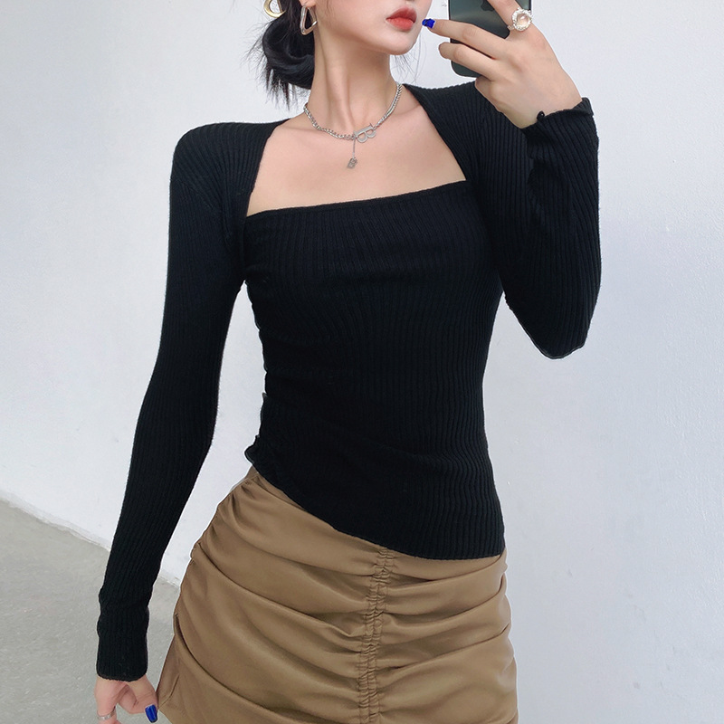 long-sleeved square collar elastic slim solid color knitted top NSGWY123157