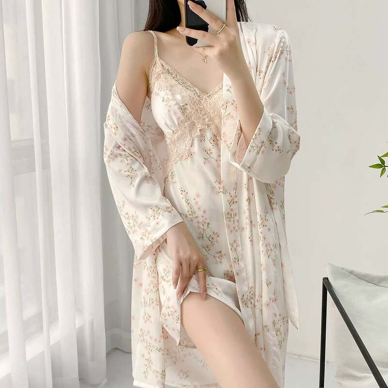 Women's summer thin ice silk pajamas, sexy camisole robe two-piece set, summer floral lace with chest pads, home wear