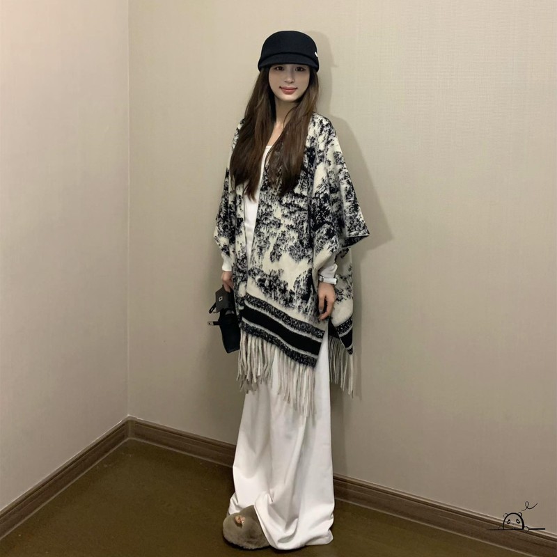 卸売ブラックジャングル 2025 新しい厚いカシミヤチェック柄ショールマントと水墨画スカーフ女性のためのスリット|undefined