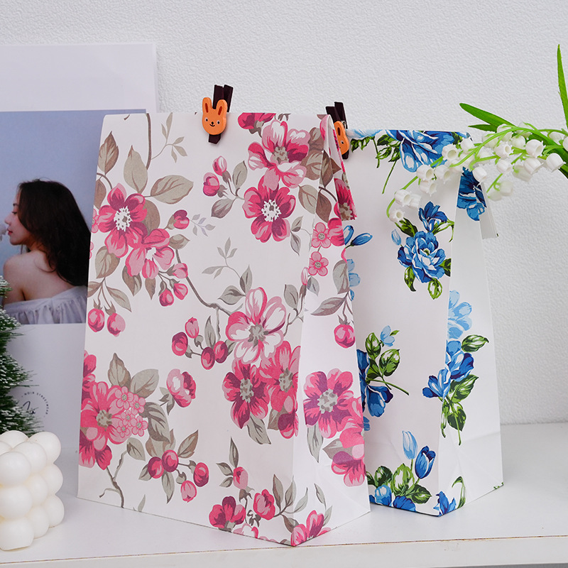 大号新款ins红色花朵蓝色花朵无提手平口纸袋 教师节生日礼物包装
