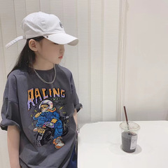 2025 新しい夏服女の子グレー純綿半袖 T シャツ中大型子供韓国スタイルのトレンディなストリート半袖トップス