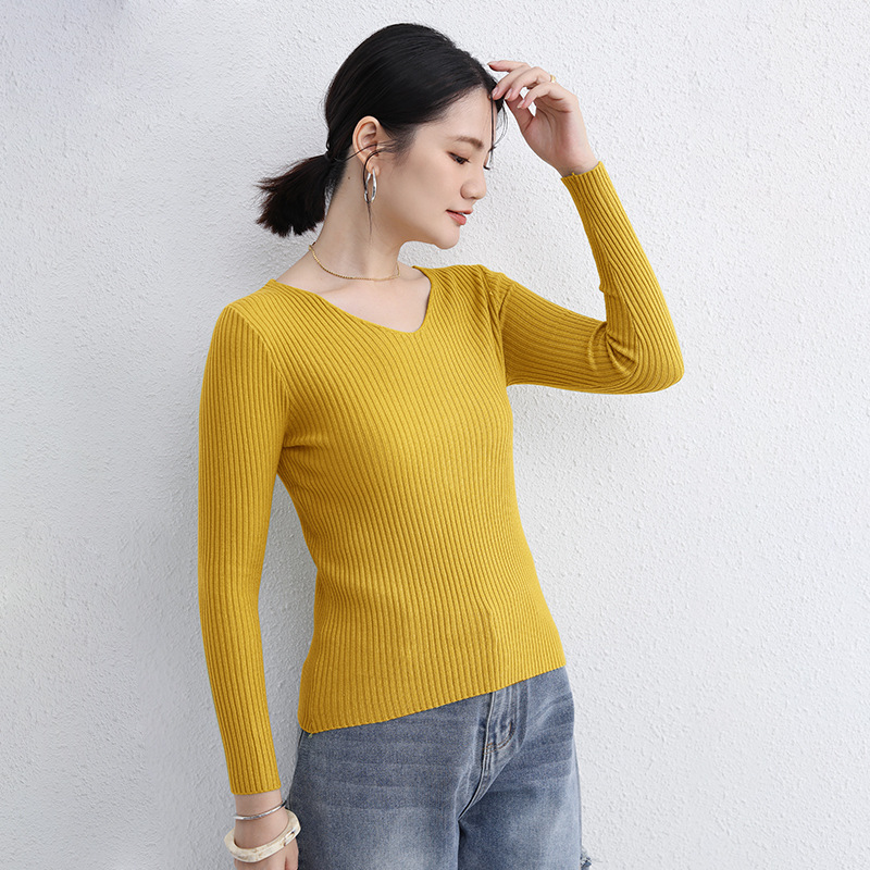 Suéter de las mujeres Otoño e Invierno japonés SLIM-Fit multicolor sin costuras suéter con cuello en V estilo occidental ropa interior de manga larga Top apretado Letian