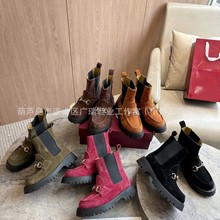 G家2025秋冬真皮圆头马衔扣裸靴粗跟厚底马丁靴女鞋短靴时装复古