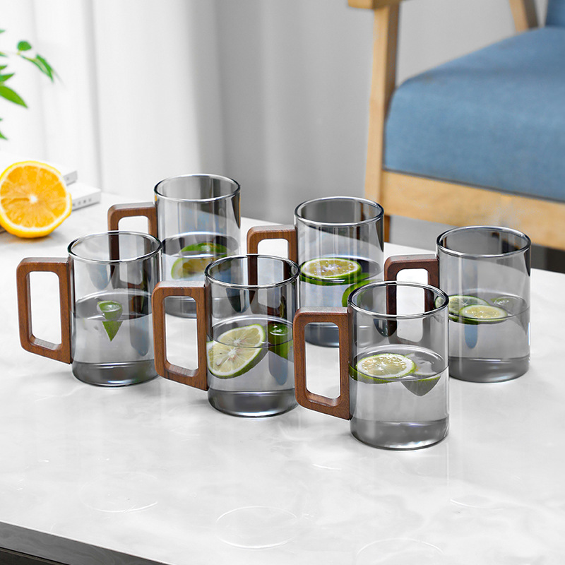Taza de té de vidrio con mango de madera transfronterizo, resistente a altas temperaturas, juego de tazas para sala de estar, juego de tazas de agua para el hogar, hervidor de agua para hospitalidad.