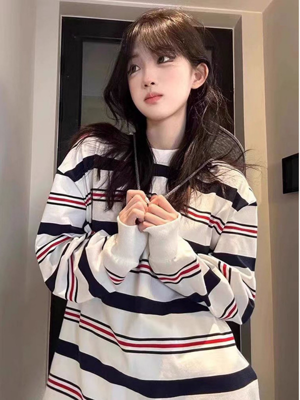 条纹长袖T恤女 美式复古高街慵懒风春秋新款宽松休闲学生百搭上衣|undefined