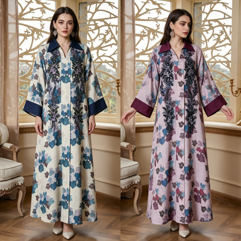 New printed long dress from the source factory, featuring intricate embroidery and rhinestone embellishments, loose-fitting and oversized style, available for wholesale