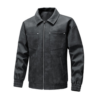 2025 New Spring & Fall Trendy Men's Versatile Pu Leather Jacket Lapel Trendy Brand Versatile American Retro Motorcycle Jacket