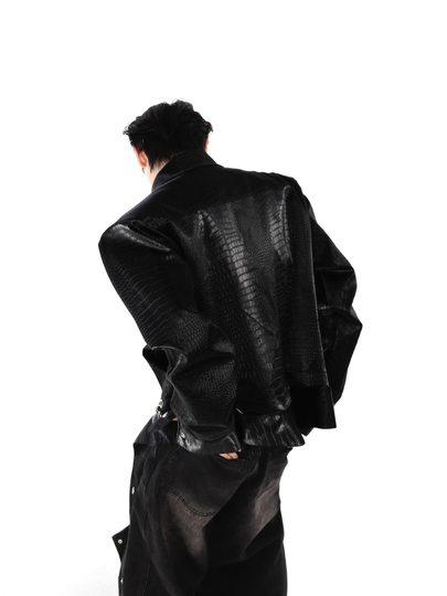 2024 Original Niche Crocodile Shoulder Pad PU Leather Jacket Stitching Design Sense Jacket Senior Top Men