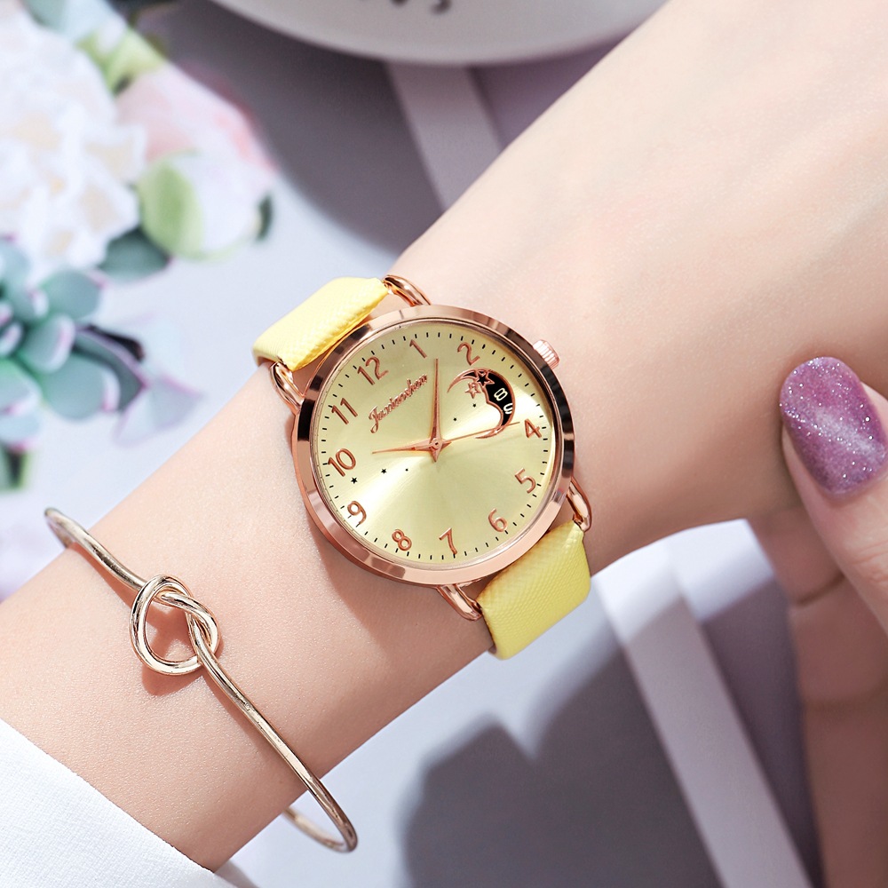 Orologio da studente in oro rosa con cinturino minimalista da donna con motivo stella lunare, nuovo prodotto caldo e alla moda 2024_voghion.com
