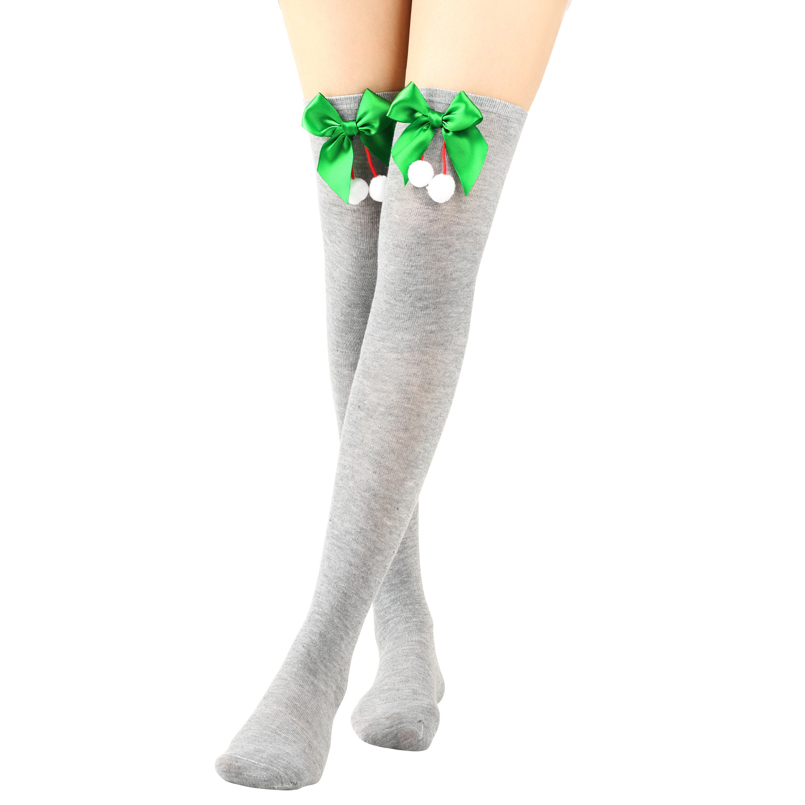 Calzini natalizi unisex con fiocco, calzini a palla, sopra il ginocchio, calzini lunghi da donna, calzini natalizi a righe_voghion.com