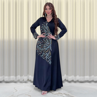 Xqy500177 Cross-Border Middle Eastern Fashion Diamond-Encrusted Robe Satin Evening Dress Dubai Arabic Cardigan Robe