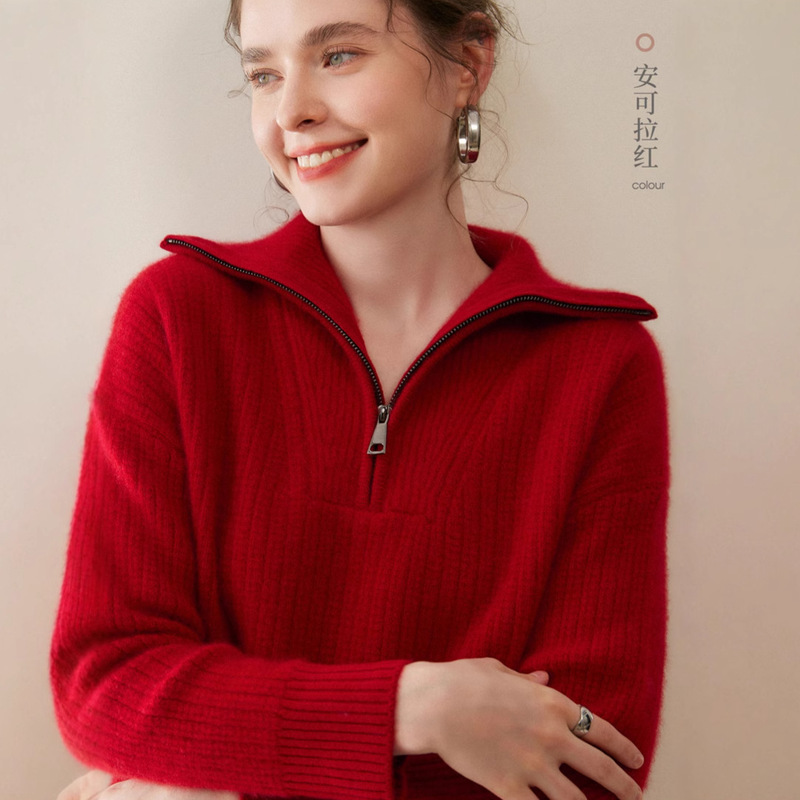 Navy Lapel Half-Zip Cashmere Sweater Women's Double-Ply Thickened Sweatshirt Soft Warm Long-Sleeve Sweater New