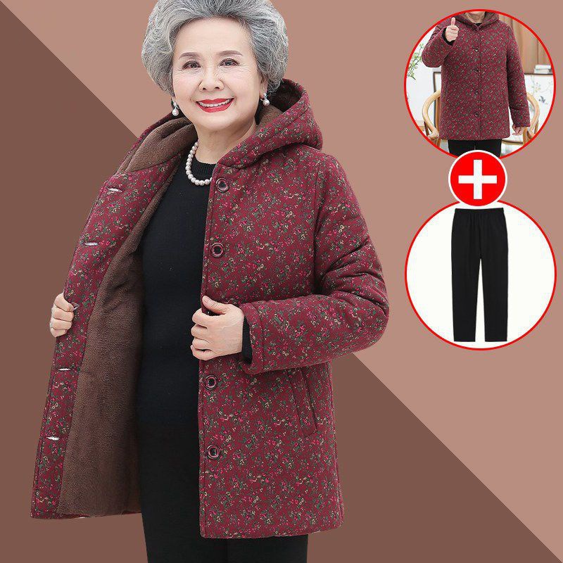 grandma cotton-padded jacket Plush thickening Middle-aged and elderly people Winter clothes 60 year 70 mom Hooded cotton-padded clothes Cotton coat winter