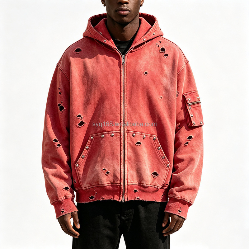 OEM Vintage Distressed Hoodie Washed Zipper Hoodie with Double Zipper Rivets Loose Cotton Hoodie