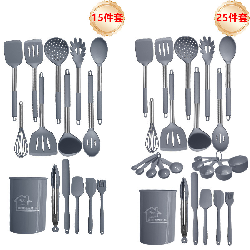 Cuchara de sopa de espátula de silicona transfronteriza Juego de 25 piezas Pala de silicona de oro rosa sartén antiadherente blanca lechosa Juego de utensilios de cocina de silicona al por mayor