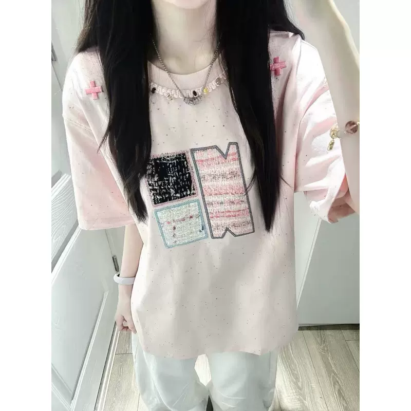 原创美式小香风刺绣织带彩点短袖T恤女夏季新款设计感情侣上衣潮