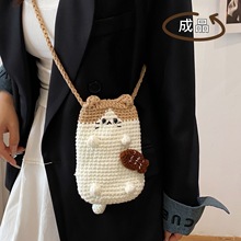 秋冬新款手工编织可爱猫咪斜挎包手机包毛线钩针织礼物儿童零钱包