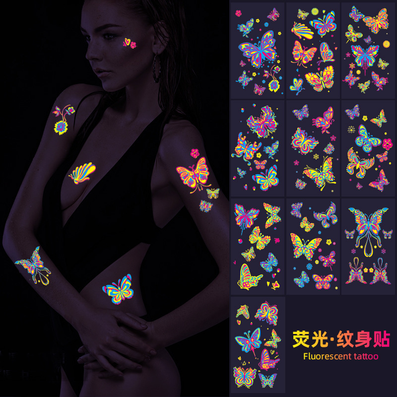 Cross-Border New Fluorescent Butterfly Tattoo Stickers High-End Ins Heart Flowers Men and Women Party Temporary Tattoo Stickers Cross-Border New Fluorescent Butterfly Tattoo Stickers High-End Ins Heart Flowers Men and Women Party Temporary Tattoo Stickers
