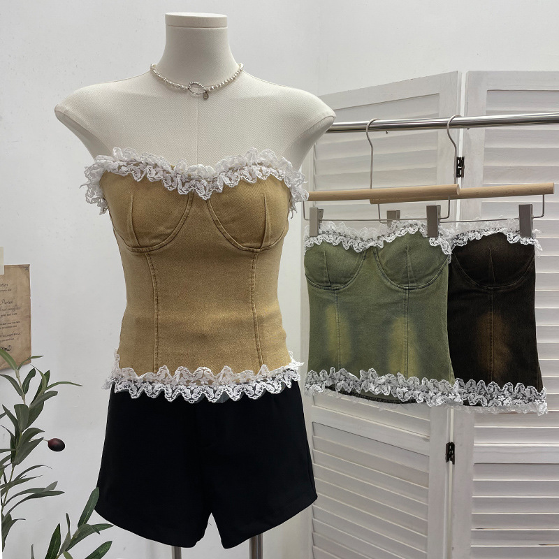 Real Shot with Chest Pad Lace Stitching Denim Camisole Micro-elastic Slim-fit Wrap Chest Outer Wear Short Tube Top 2715