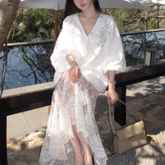 长期主义 钉珠刺绣亚麻长袖防晒衬衫蕾丝半身裙女秋气质套装穿搭