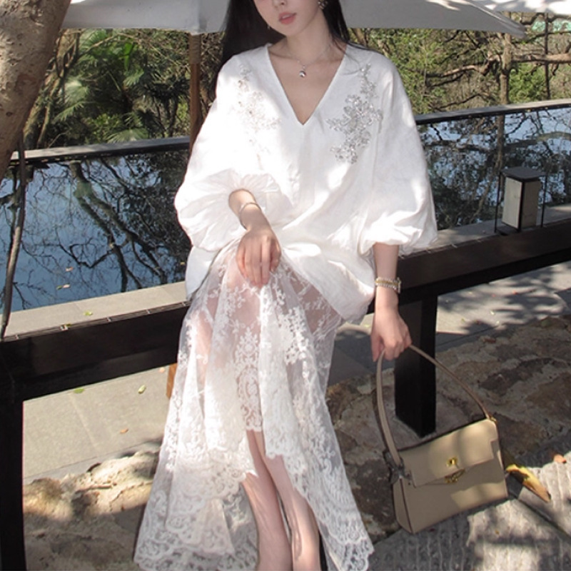 长期主义 钉珠刺绣亚麻长袖防晒衬衫蕾丝半身裙女秋气质套装穿搭|undefined