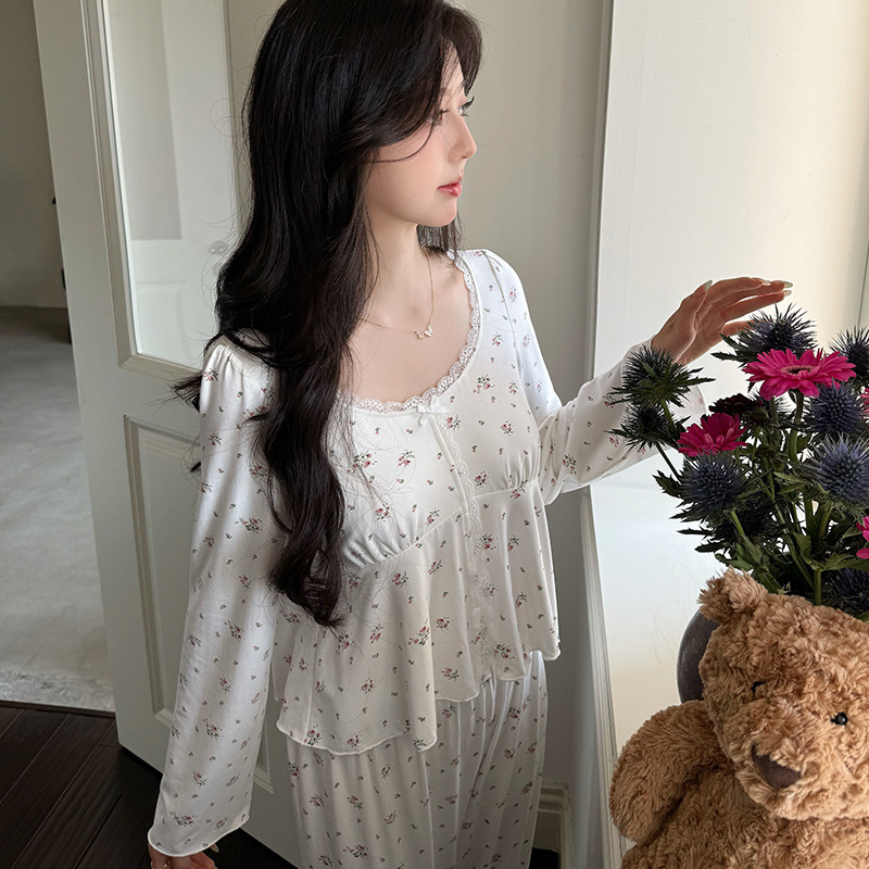 法式新款睡衣女带胸垫莫代尔长袖公主甜美圆领蕾丝碎花仙女套装|undefined