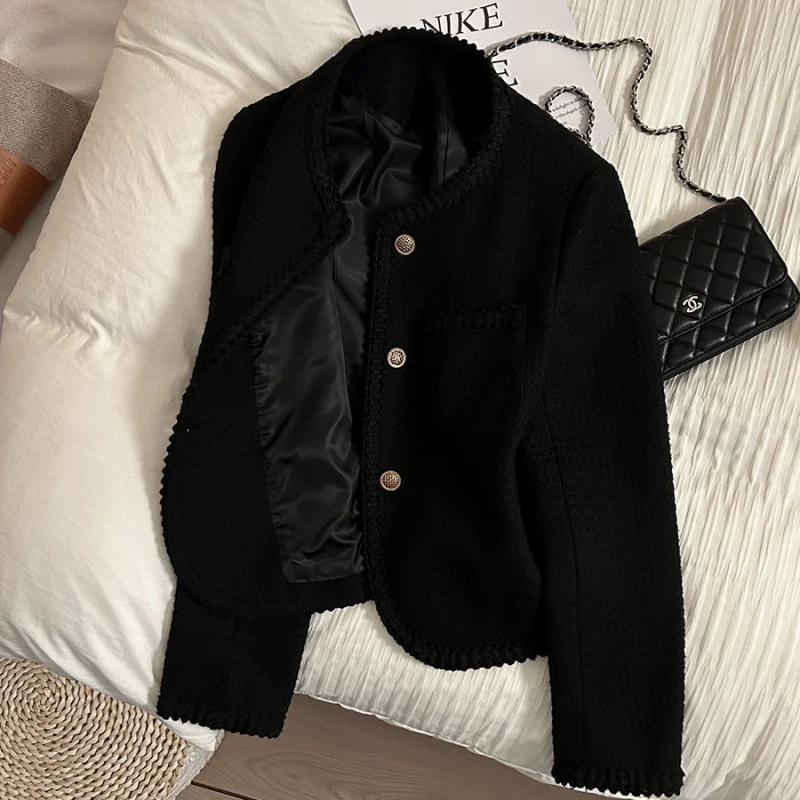 Черный demi-season короткий классический жакет, стиль высокого качества, стиль Chanel, 2024 год, для подростков, городской стиль
