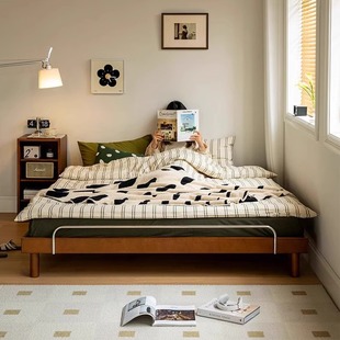 Boxwood Tatami Bed Solid Wood Bedless Double Bed Retro Single Bed Bed Frame Black Queen Bed