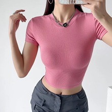 夏装新款欧美博主款短袖纯色百搭小圆领紧身T短款露脐高腰上衣