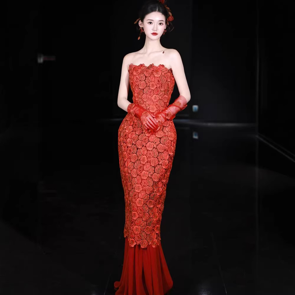 Red elegant long bra top sleevless for bride