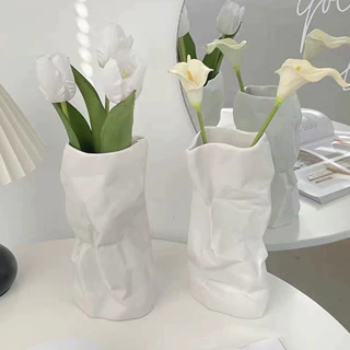 时尚创意Ins风艺术纸袋褶皱造型陶瓷花瓶插花装饰摆件