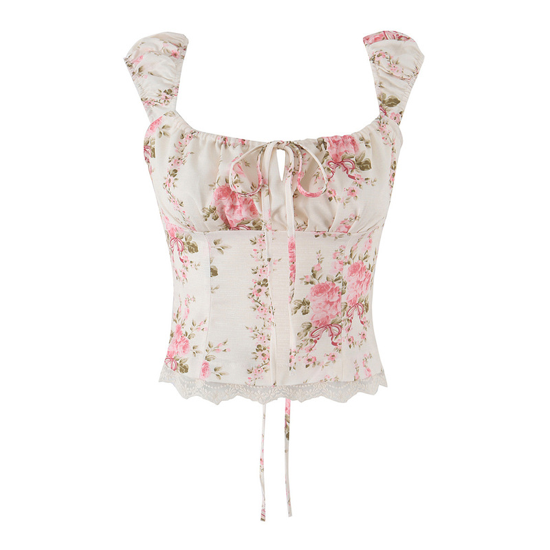 Sweet and Spicy American-Style Floral Lace-Trimmed Square-Neck Top for Women 2026 Summer Pleated French Lace-Up Shirt Short-Sleeved Shirt