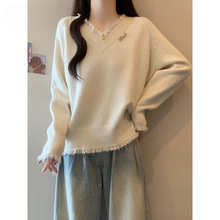 韩都衣舍短款v领流苏套头毛衣内搭女2024秋冬新款宽松针织衫上衣